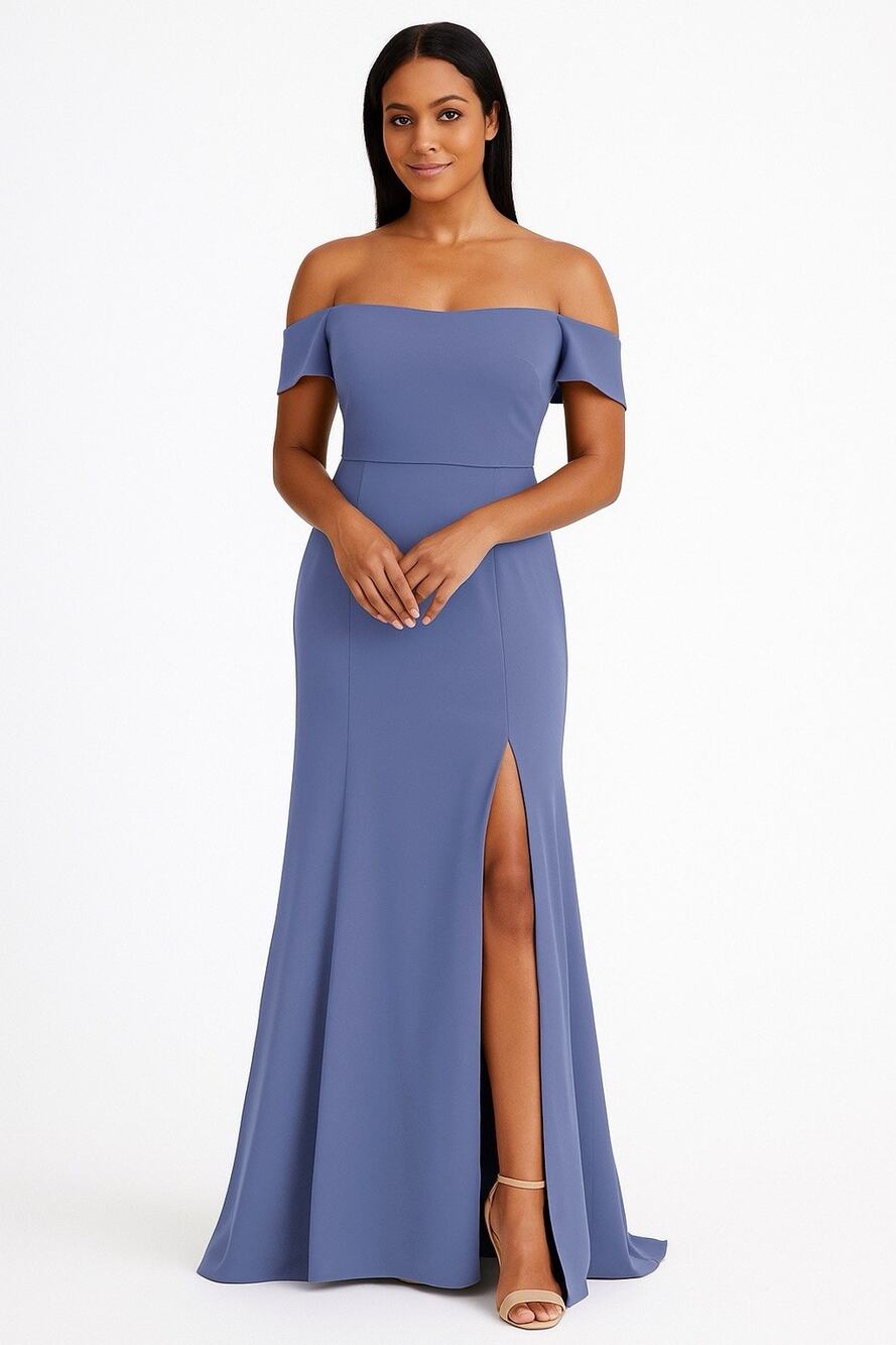 AMSALE Eden Bridemaids Dress Style GB045P Off Shoulder Slate Crepe Size 4 NEW